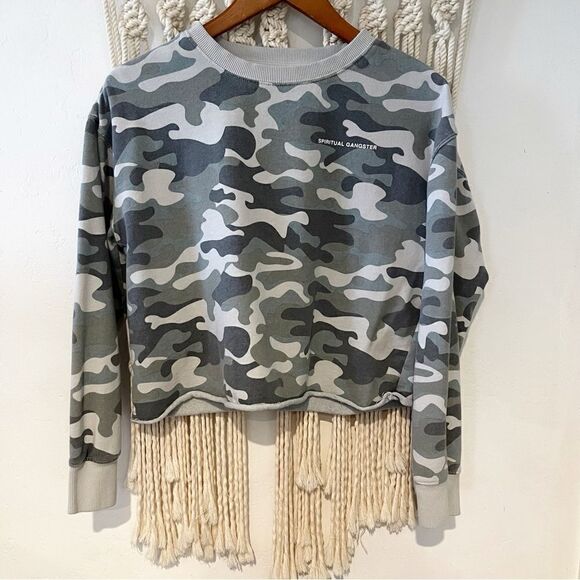 Spiritual Gangster Mazzy Pullover Sweatshirt SZ SM Cropped Camo Green Athleisure - Picture 2 of 7